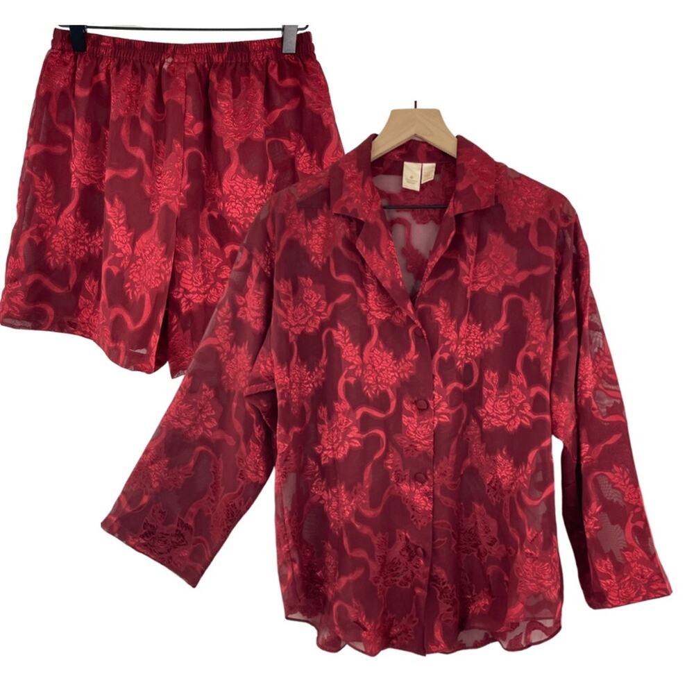 Vintage 80s Victoria Secret Red Pajama Set Small Sheer Metallic Floral Jacquard